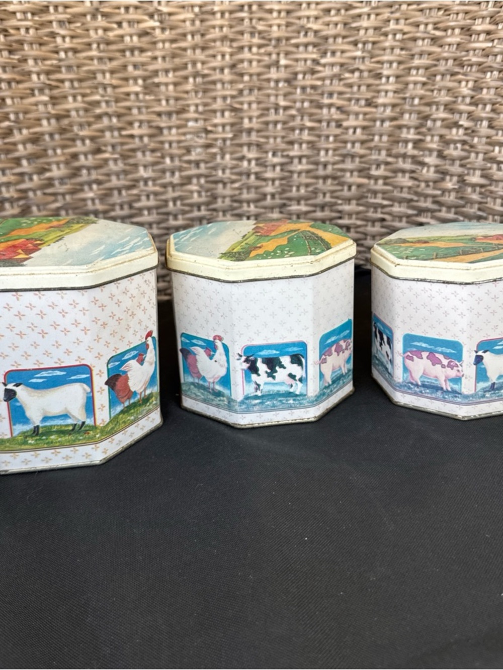Vintage Tin Canister Set 3 Farm Animals Cows Pigs Sheep Chickens Country Style